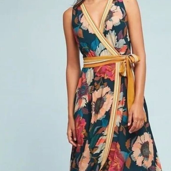 Anthropologie Maeve Floral Handkerchief Hem Wrap Dress sz16 - Picture 2 of 5